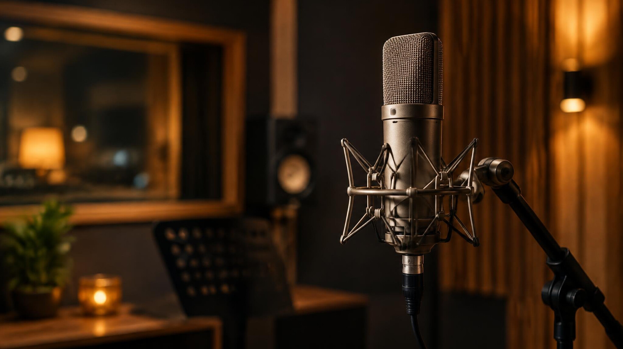 Professional microphone on a stand in soft studio light