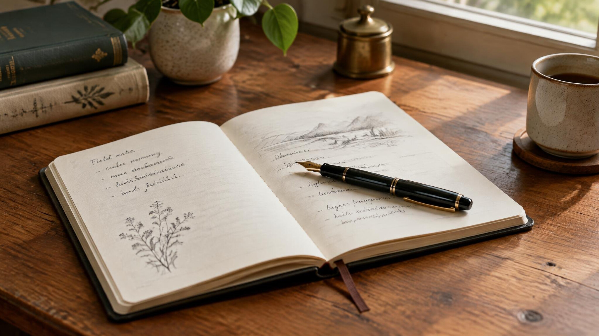 Open notebook with pen on a wooden desk