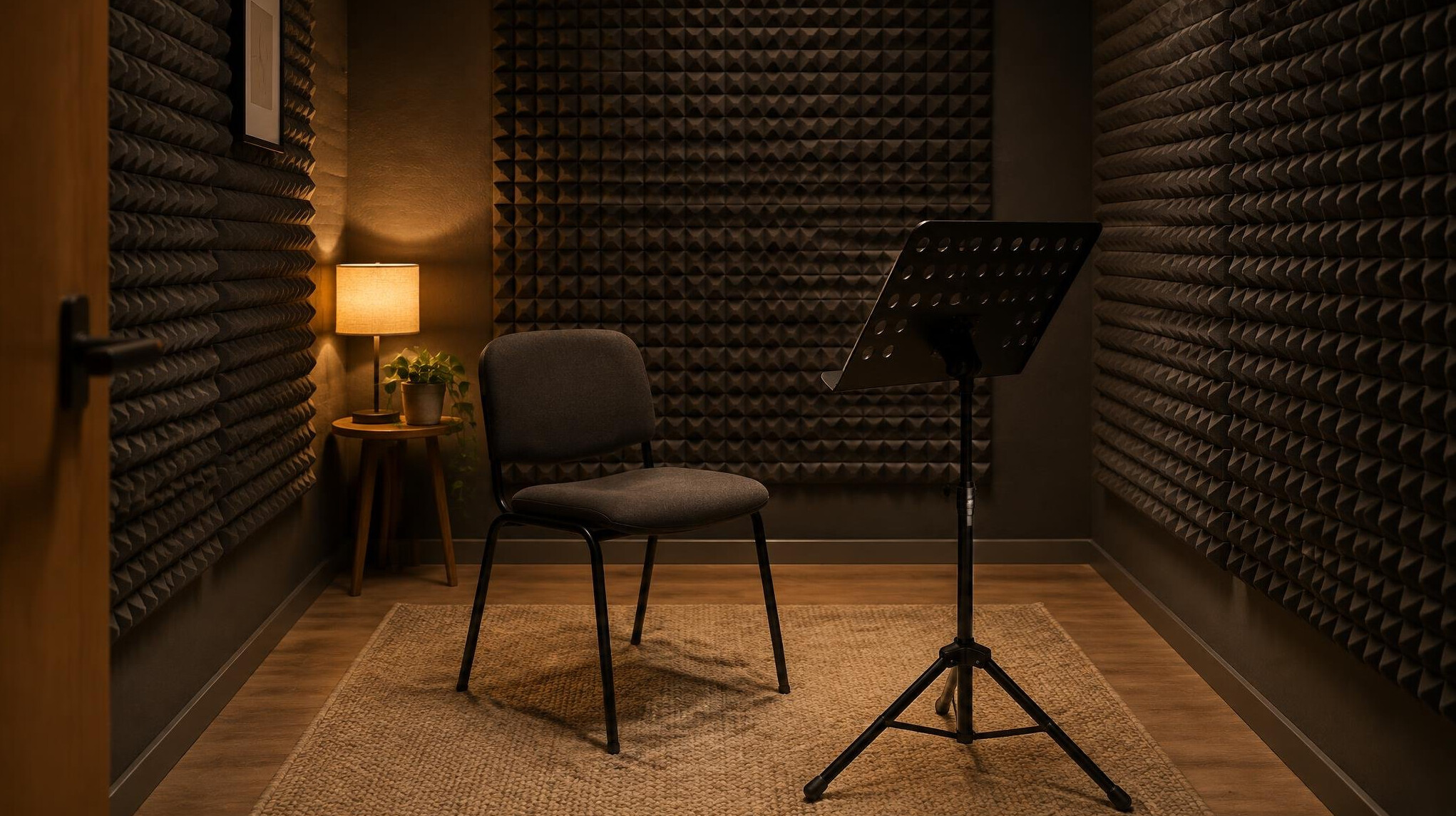 Soundproofed practice room with acoustic panels