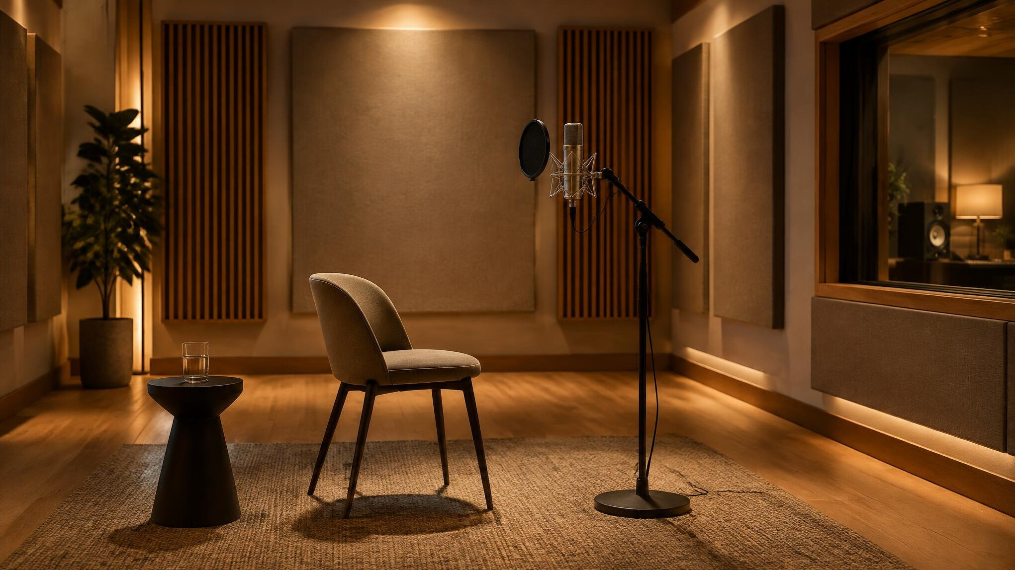Elegant empty recording studio interior with soft light