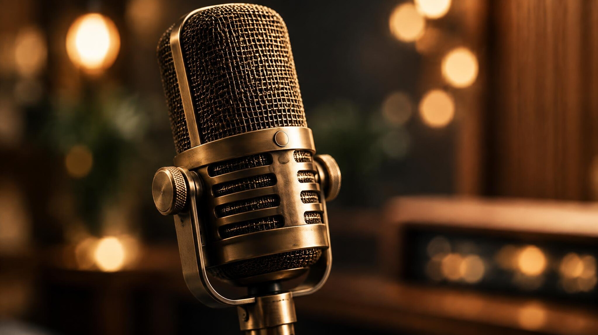 Close-up of a vintage-style studio microphone