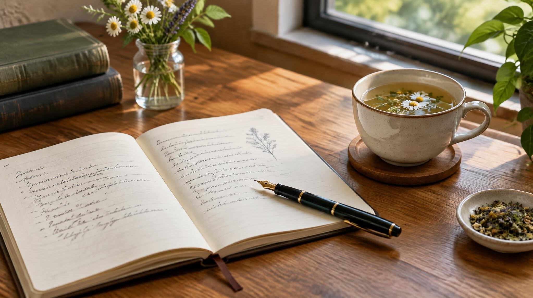 Open notebook with pen and a cup of tea on a desk