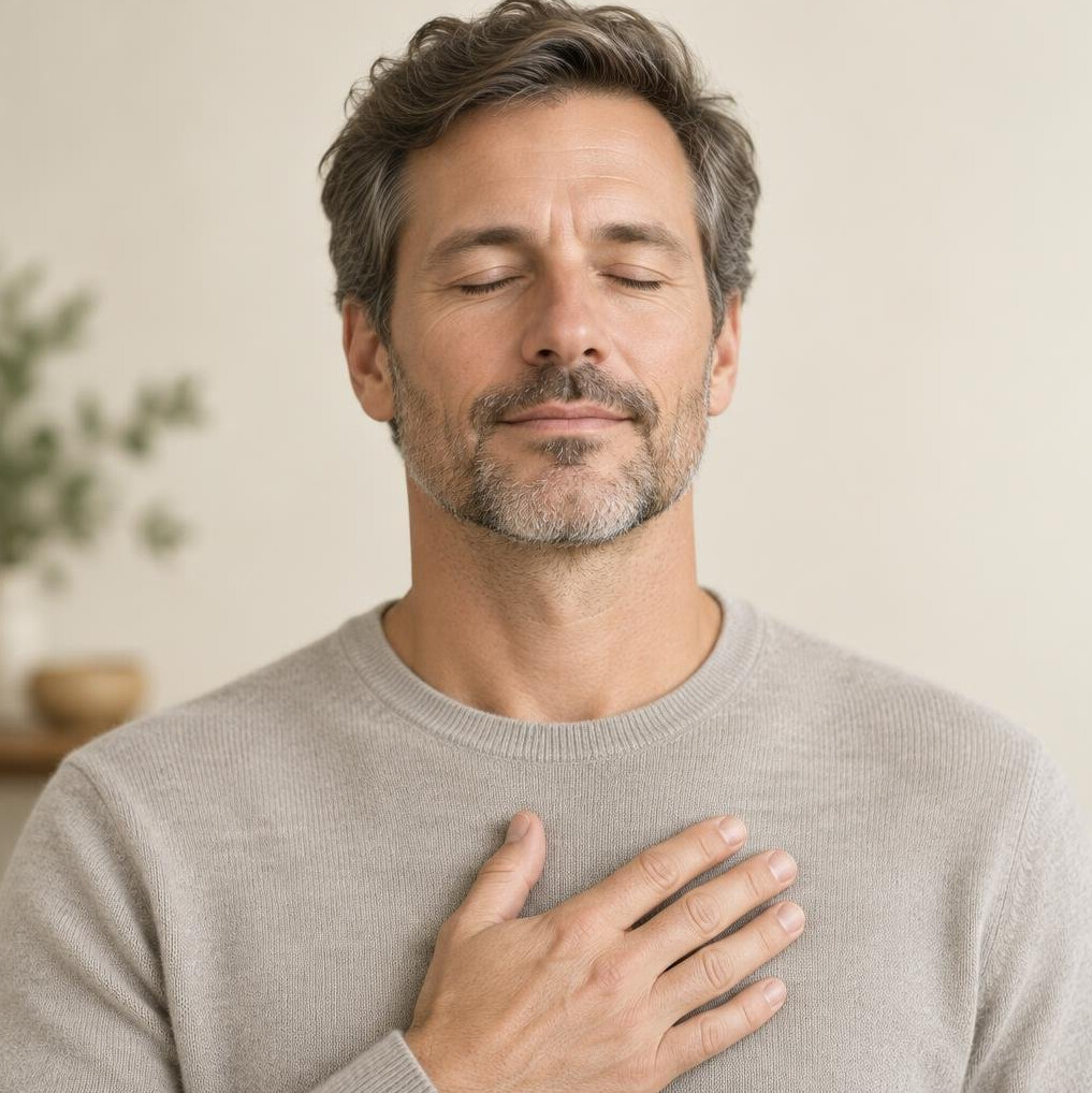 Person with eyes closed practicing calm breathing