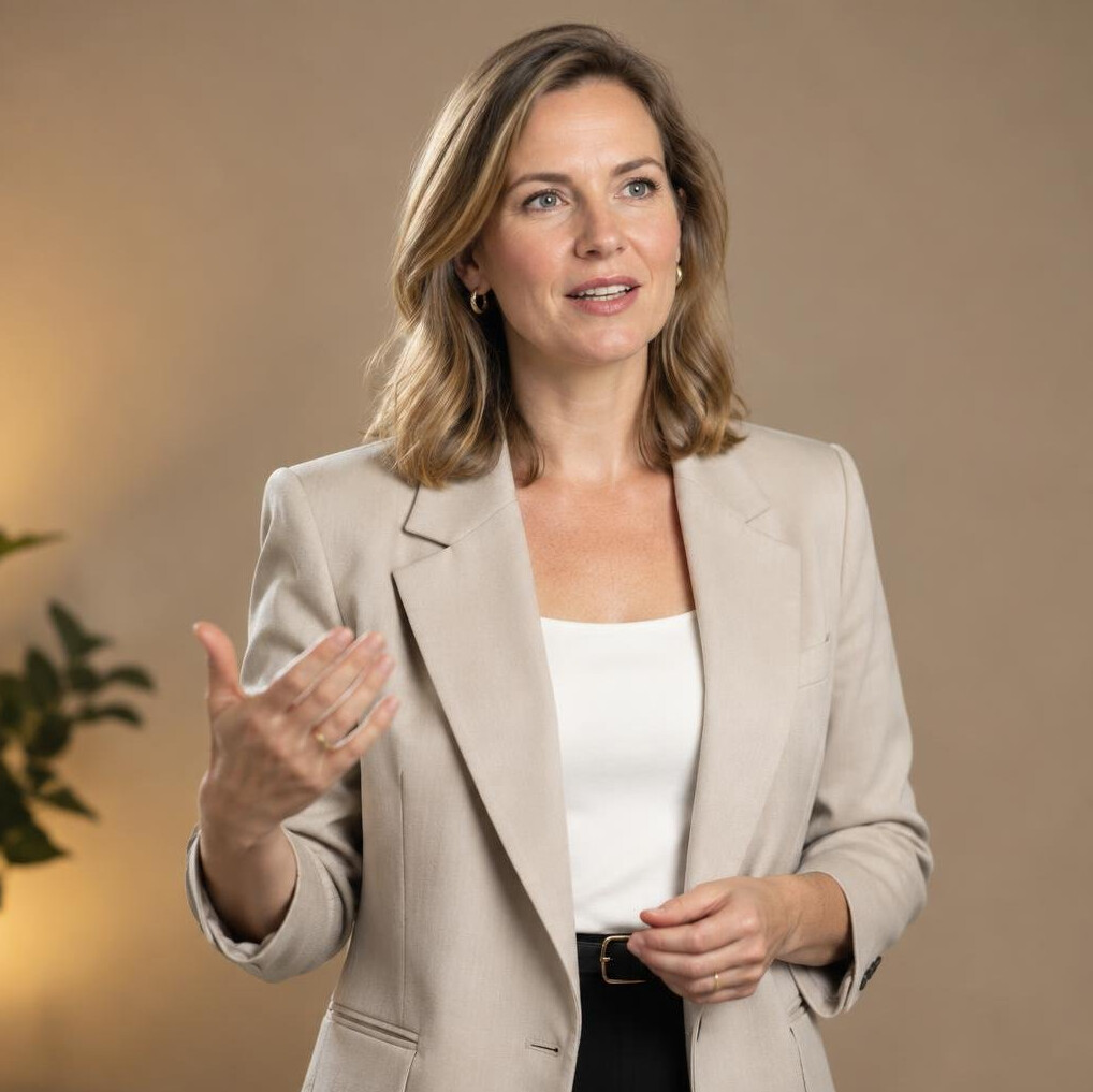 Confident woman speaking with an expressive hand gesture