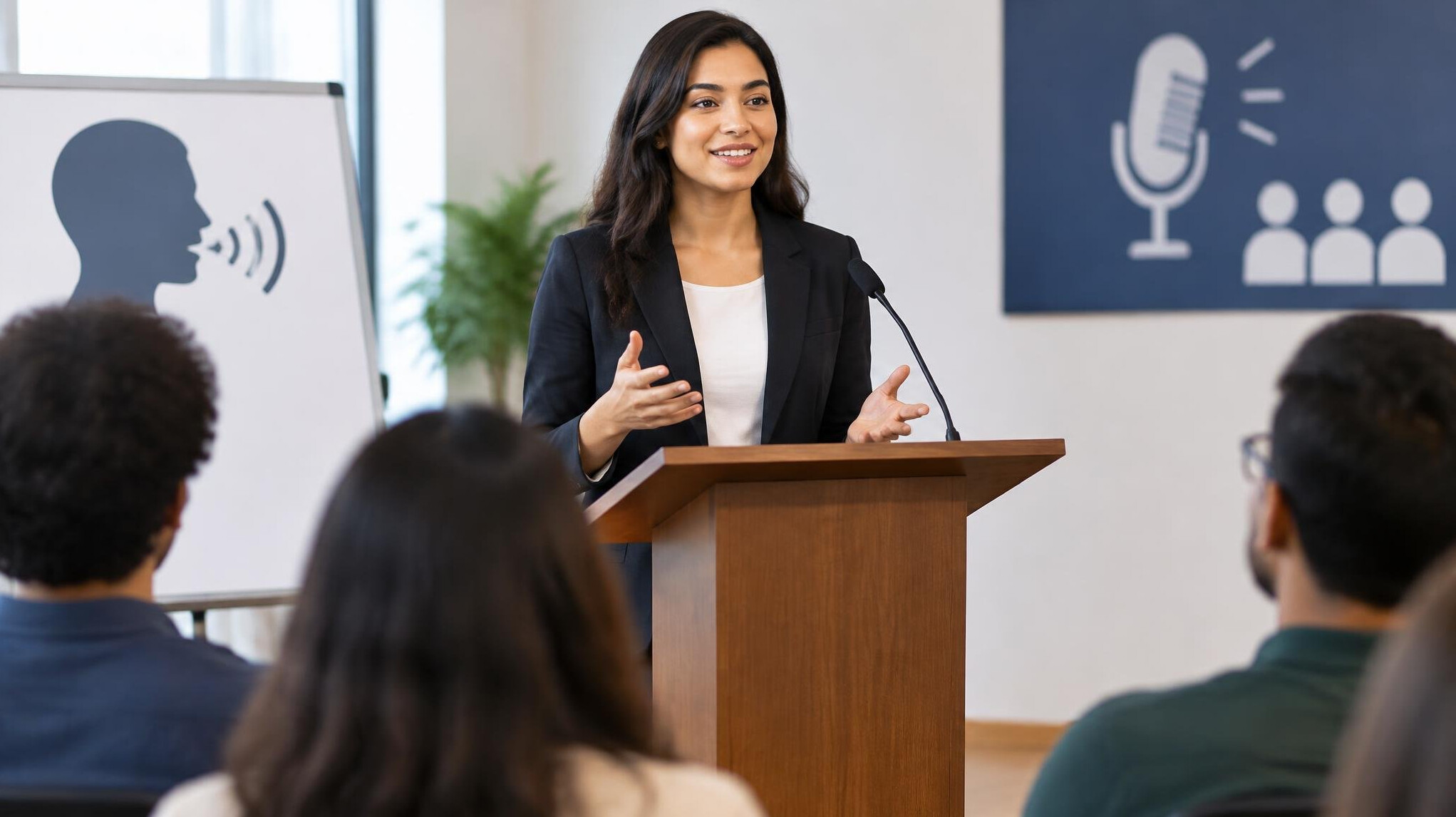 confident speaker on podium